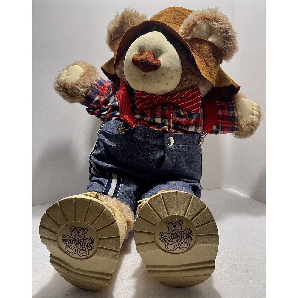 Vtg FurSkins Xavier Roberts Plush Stuffed Toy Bear Hat Boots Tie Plaid Shirt 20"
